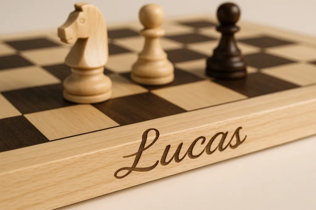Editorial close-up detail photograph related to personalized chess board