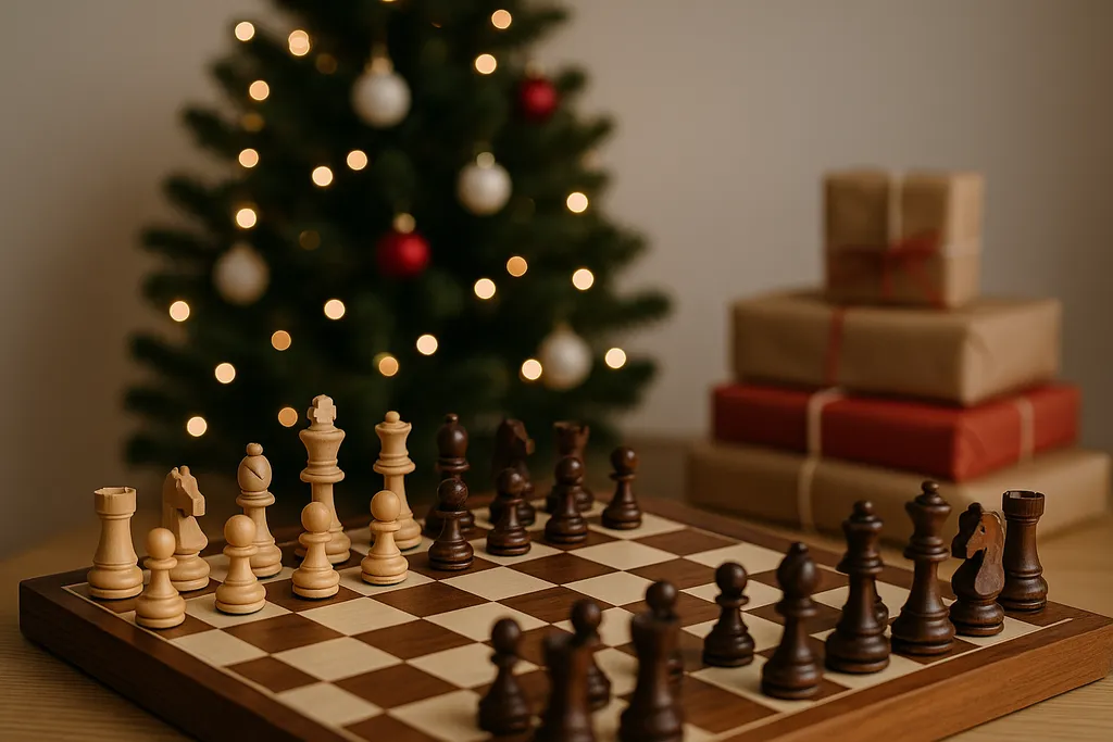 Editorial photograph illustrating chess sets for Christmas