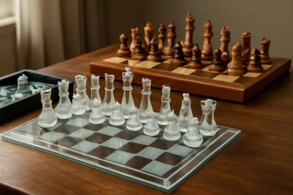 Editorial photograph illustrating Glass Chess Sets: Pros, Cons, and What to Check