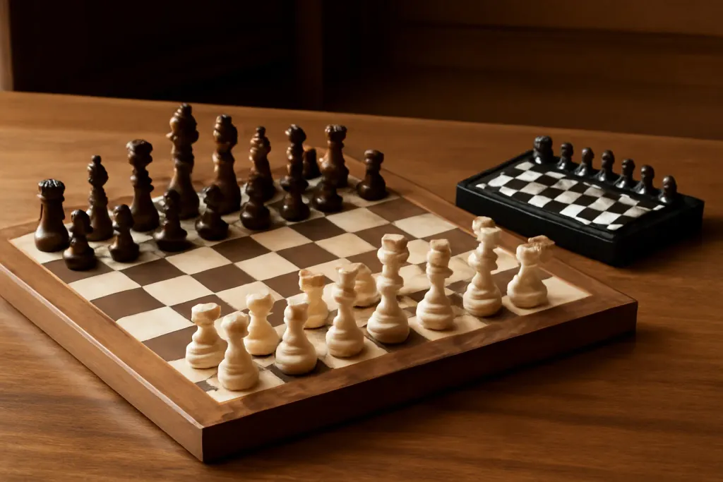 Editorial photograph illustrating Magnetic Chess Set vs. Magnetic Travel Chess Set