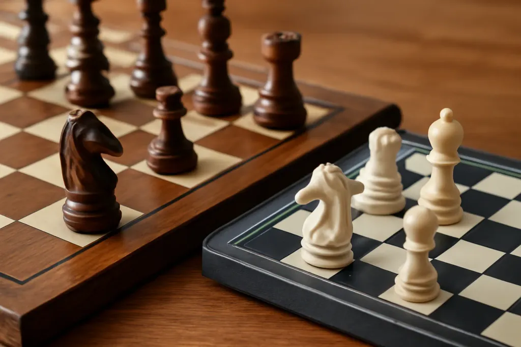 Editorial close-up detail photograph related to Magnetic Chess Set vs. Magnetic Travel Chess Set