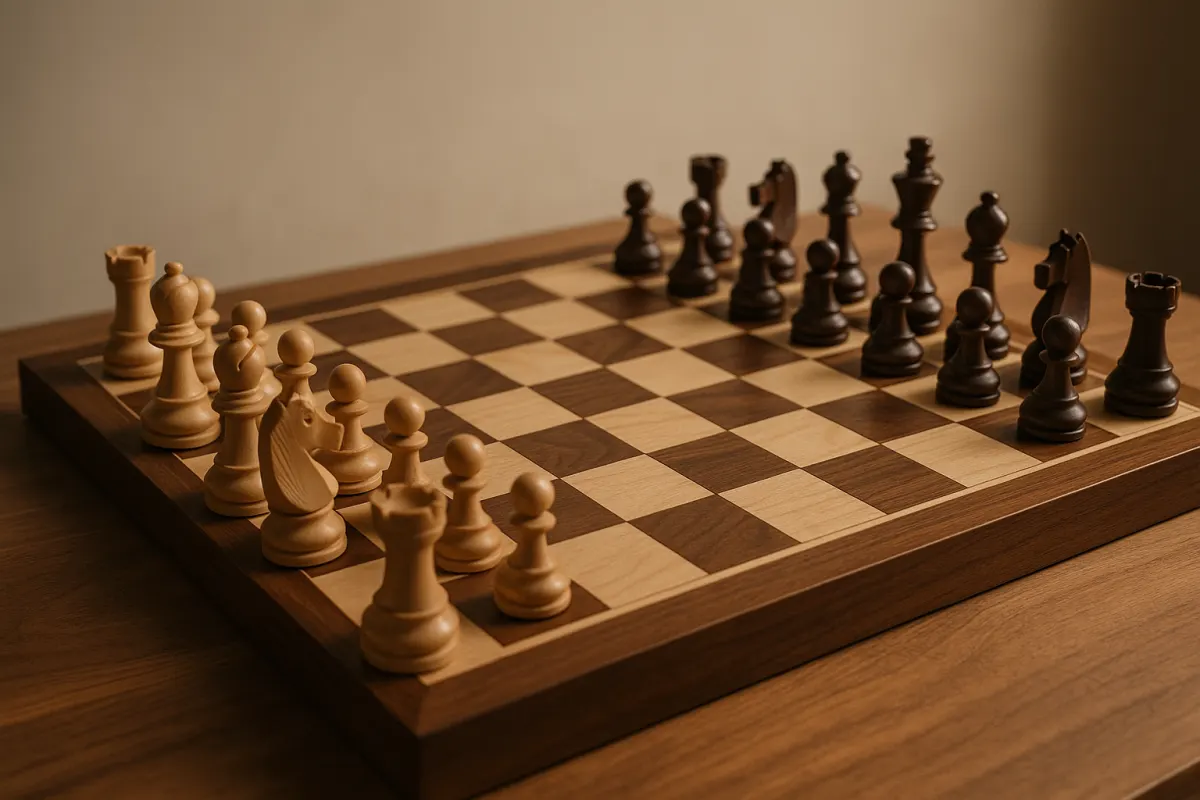 Editorial studio photograph of a wooden chessboard mid-game